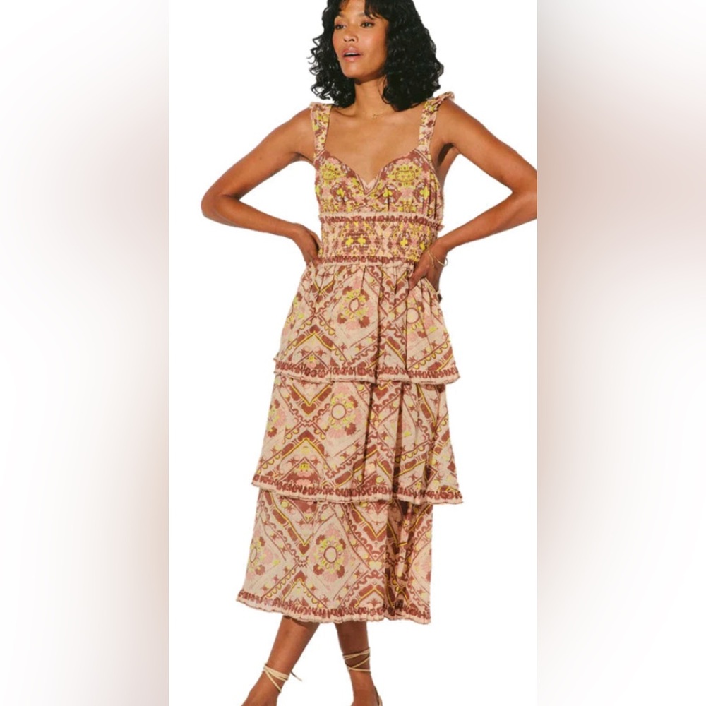 Cleobella Pink & Yellow Tiered Printed Midi Dress - Picture 2 of 13